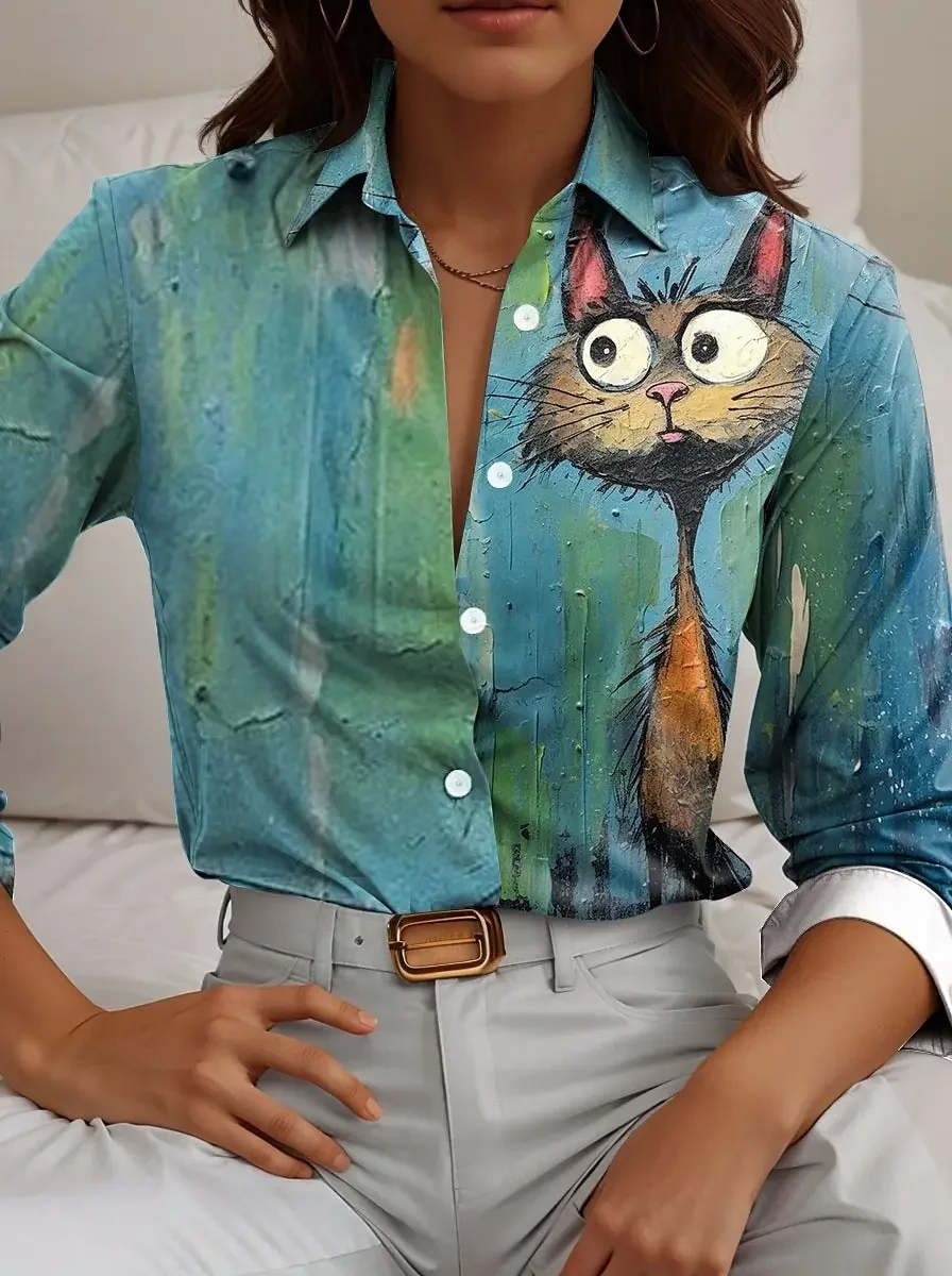 

Модные женские рубашки, весенне-осенние стильные повседневные рубашки с длинными рукавами и воротником с рисунком животных, обычные топы на пуговицах, женская одежда