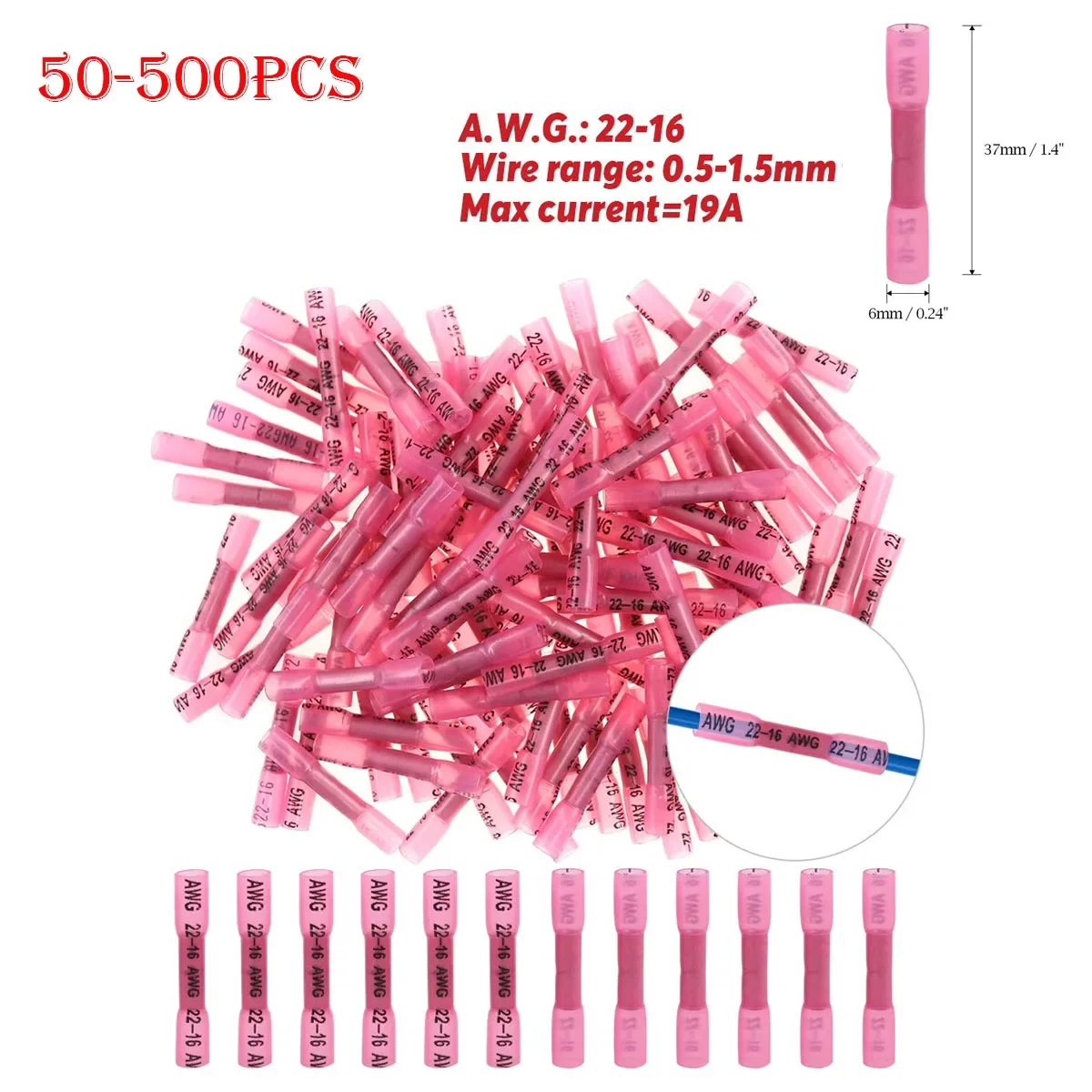 500PCS 22-16 AWG Heat Shrink Crimp Terminals Waterproof Fully Insulated Seal Butt Electrical Wire Connectors Kit Assortment Red