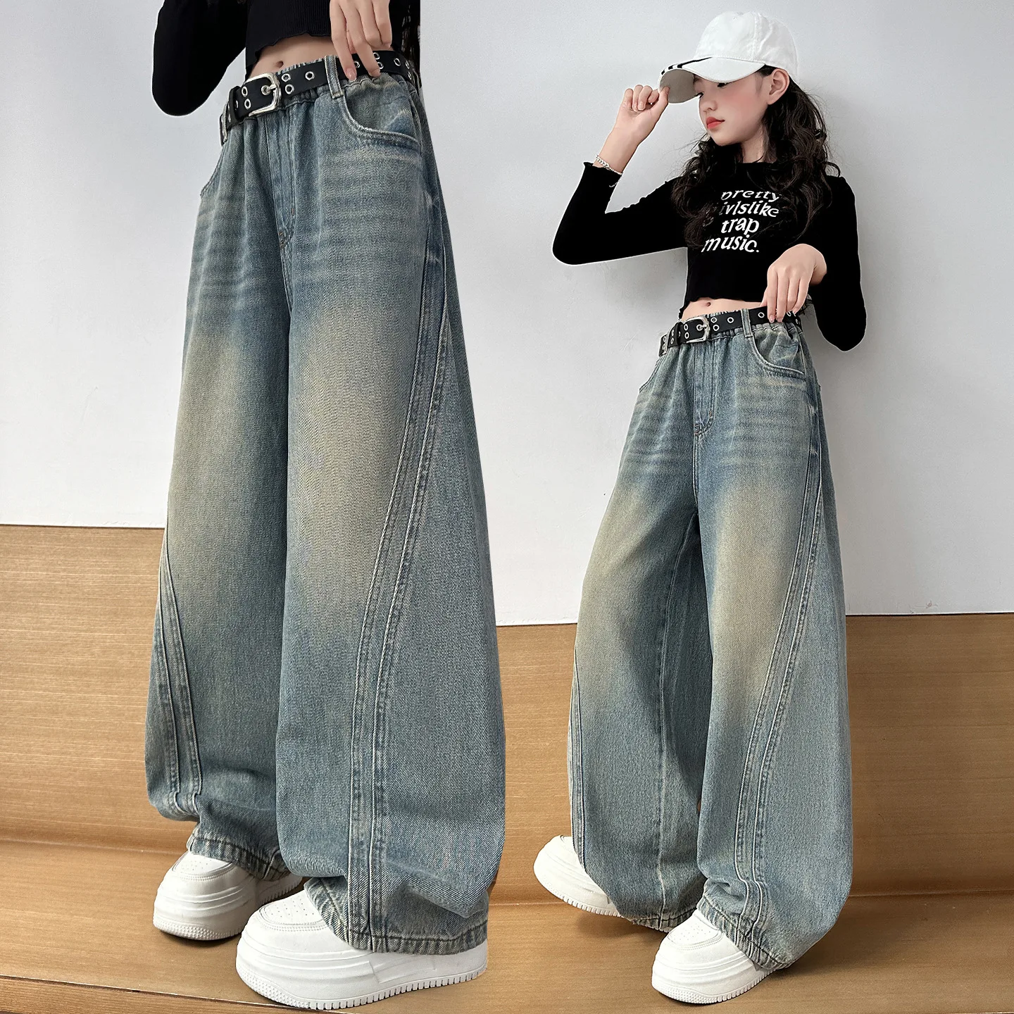 

Fashion Girls Jeans Spring Autumn New Style Retro Distressed Patchwork Wide Leg Denim Pants Children Loose Straight Trousers