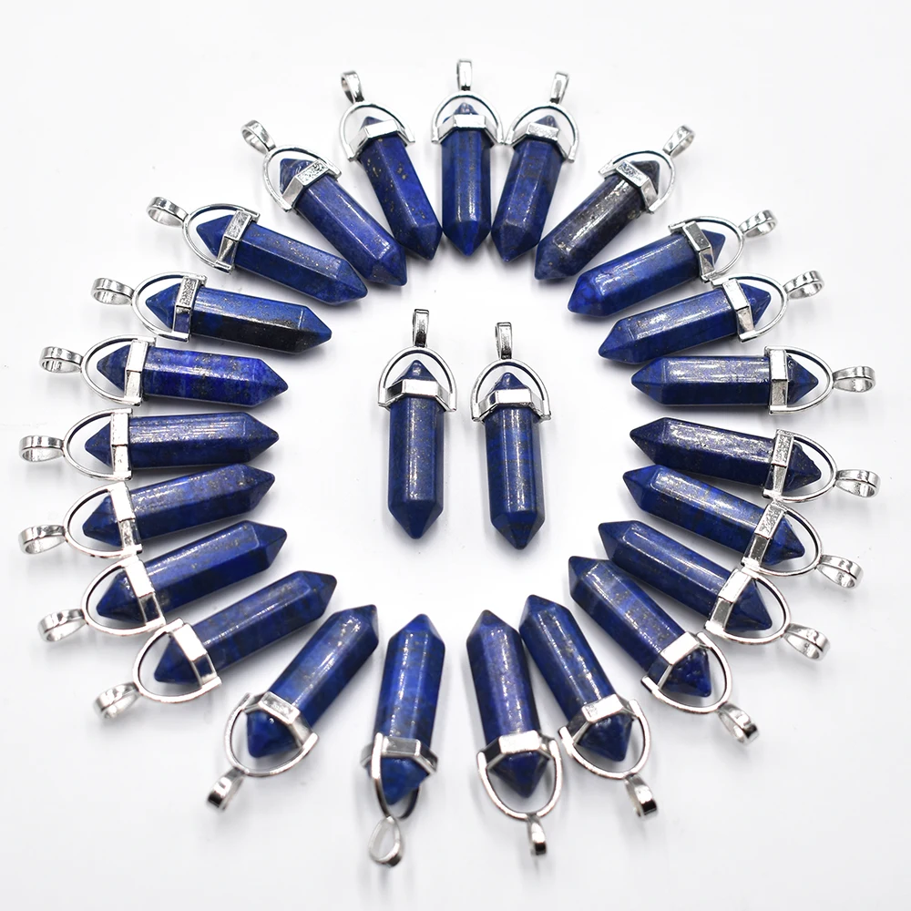 

Wholesale 12 24 50pcs/lot natural stone lapis lazuli pillar shape point Chakra charms pendant for jewelry making free