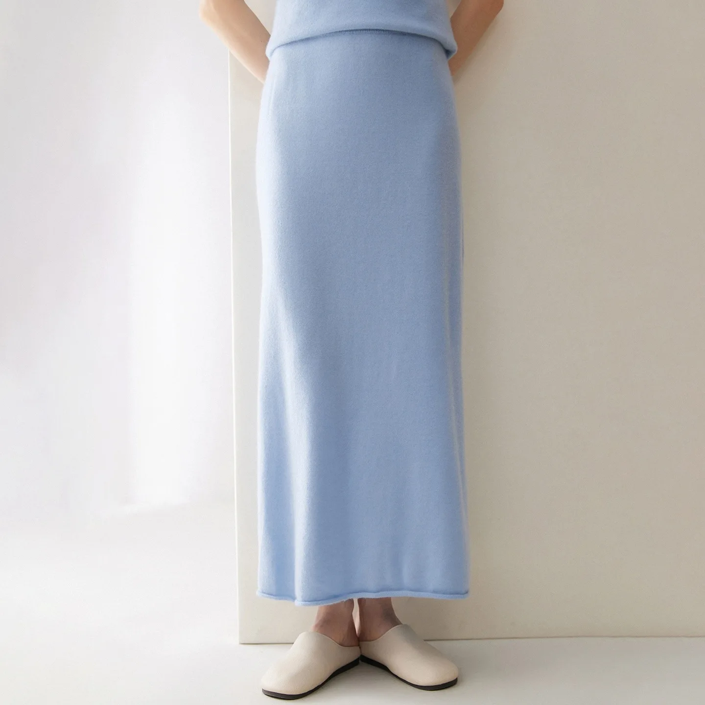 Winsleter-100%Cashmere Elegant Knit Skirts, Elastic Waist Solid, Women French Temperament Straight Skirts, 2026 Autumn B68545CC