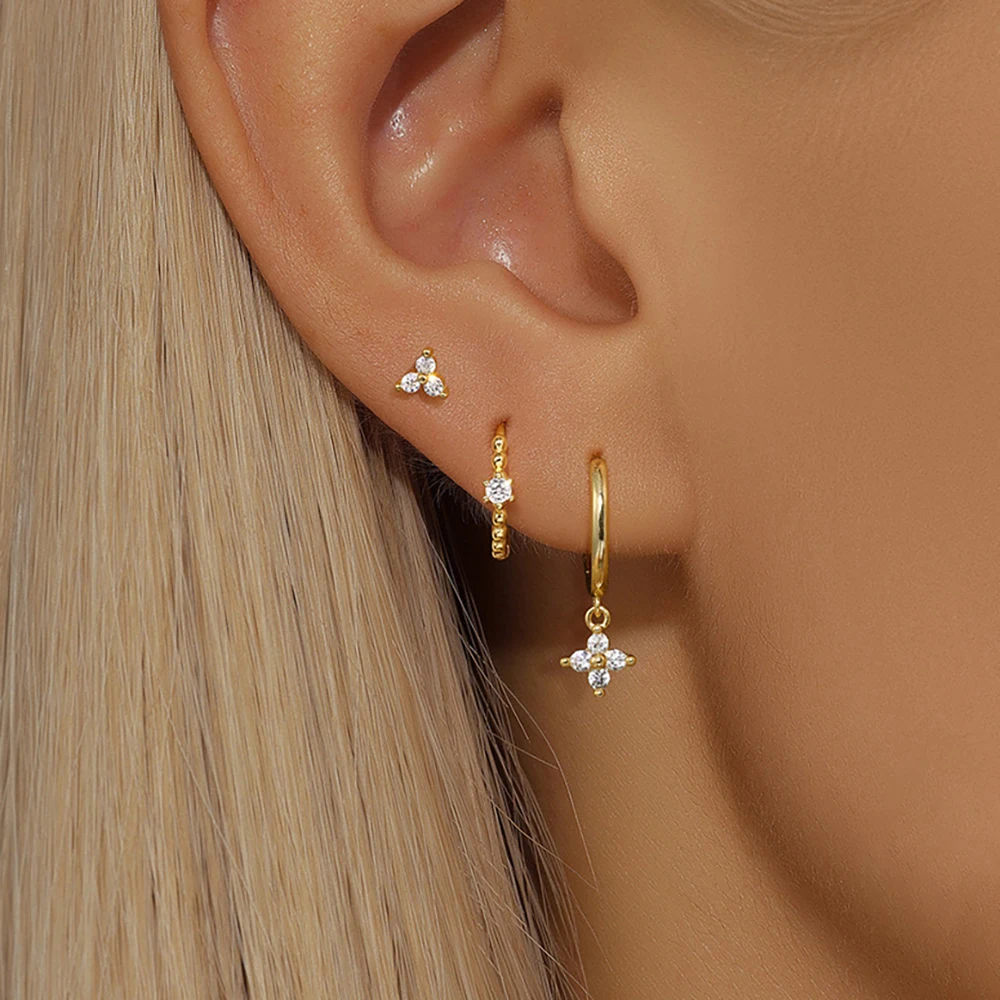 3 szt. Wykwintne cyrkonie wisiorek kolczyki koła zestaw geometria ze stali nierdzewnej trójkąt chrząstka kolczyk do piercingu oświadczenie biżuteria