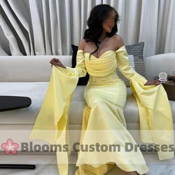 Customized Sweetheart Yellow Satin Saudi Prom Dress Long Sleeves Pleated Evening Dress For Formal Occasion Elegant Women Party