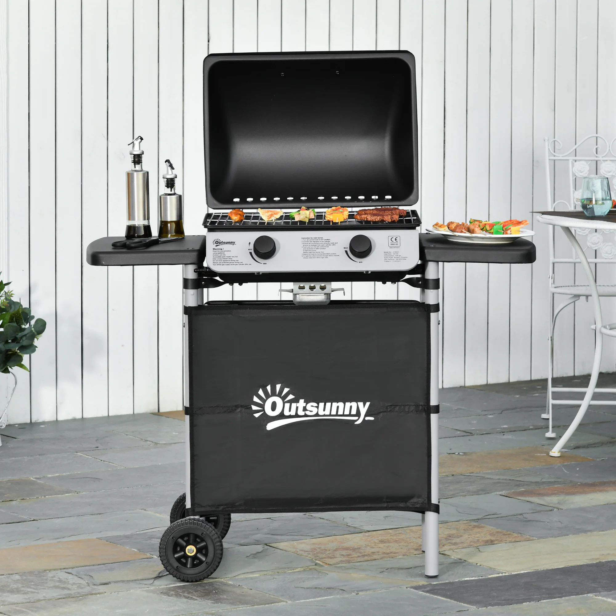 Outsunny Barbacoa de Gas con 2 Quemadores 5,6 KW 2 Ruedas 2 Mesas Negro