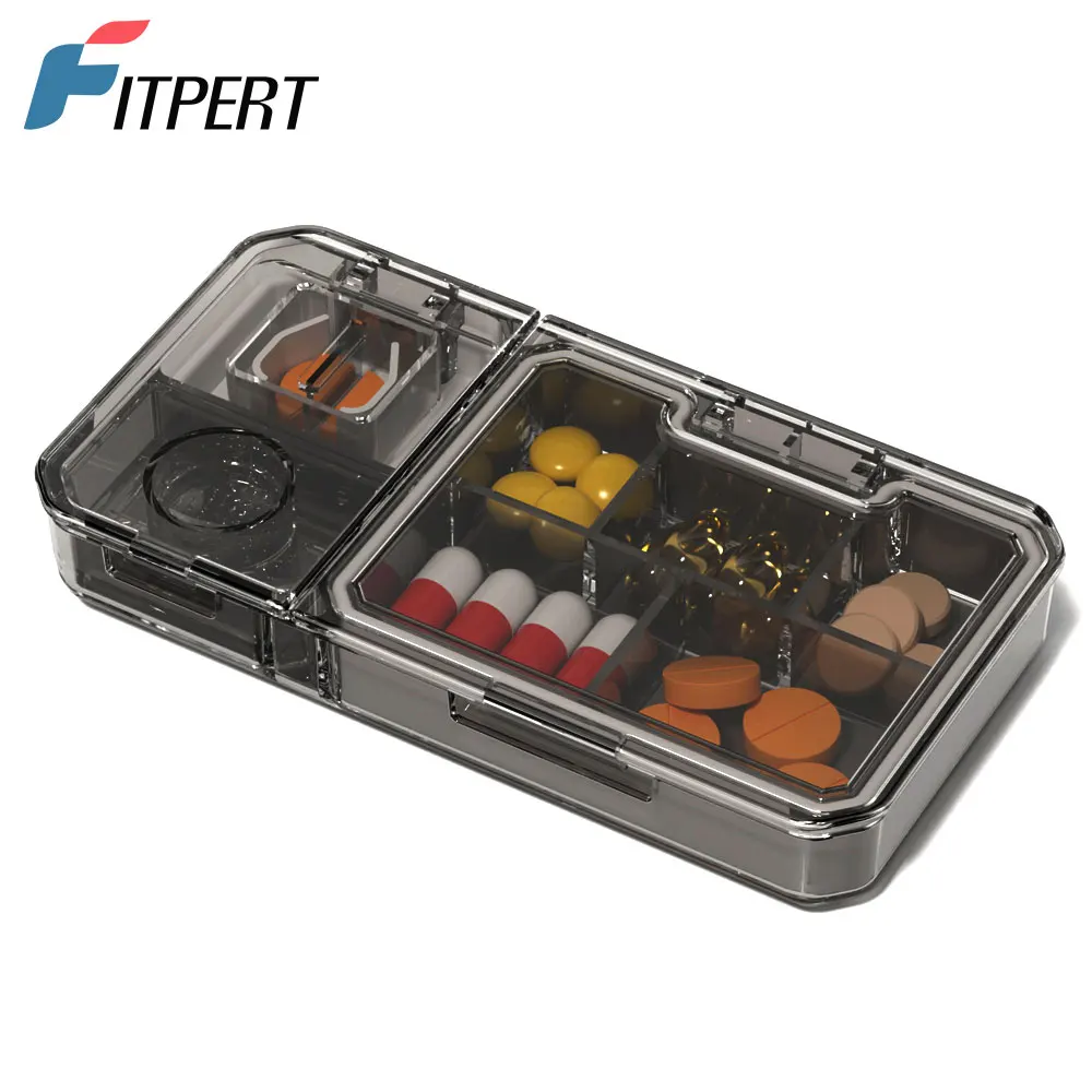 Organizador de pastillas con trituradora cortadora, organizador de pastillas medicinales de viaje para bolso de bolsillo para contener suplementos de medicamentos de vitaminas, 1 ud.