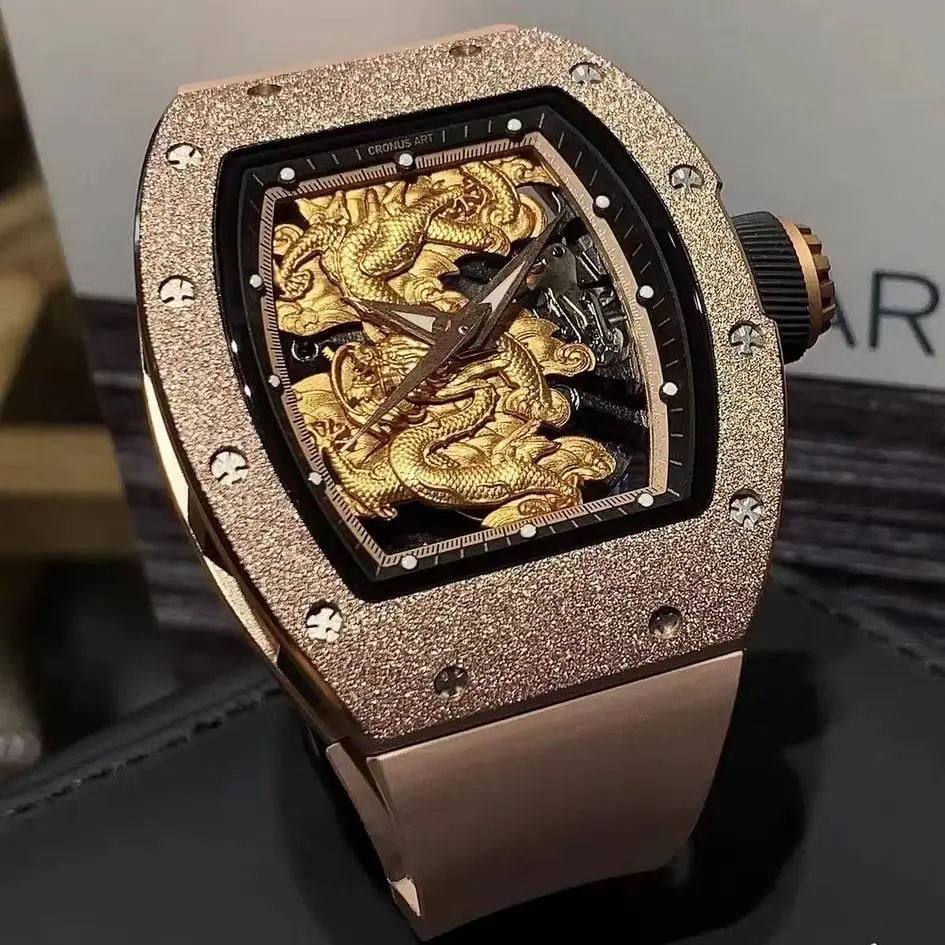 CRONUSART Men Automatic Watch 50mm Tonneau Mechanical Wristwatch Luminou Sapphire Mirror Waterproof FKM Strap Gold Dragon Dial