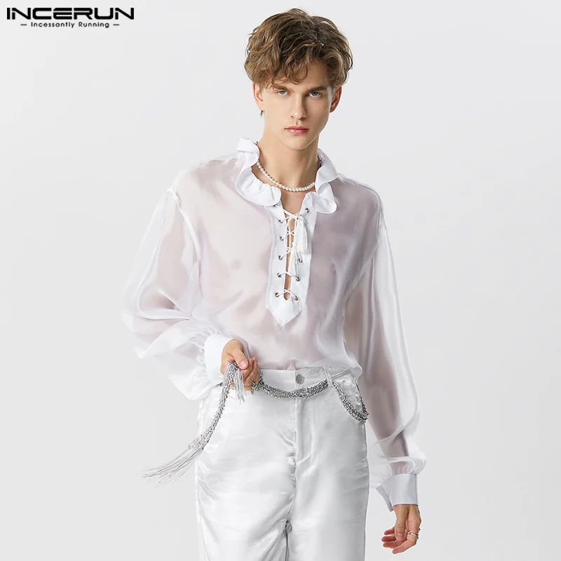 INCERUN Tops 2023 American Style New Men\'s Ruffled Tie Loose Shirts Casual Sexy Male Thin Perspective Long Sleeved Blouse S-5XL