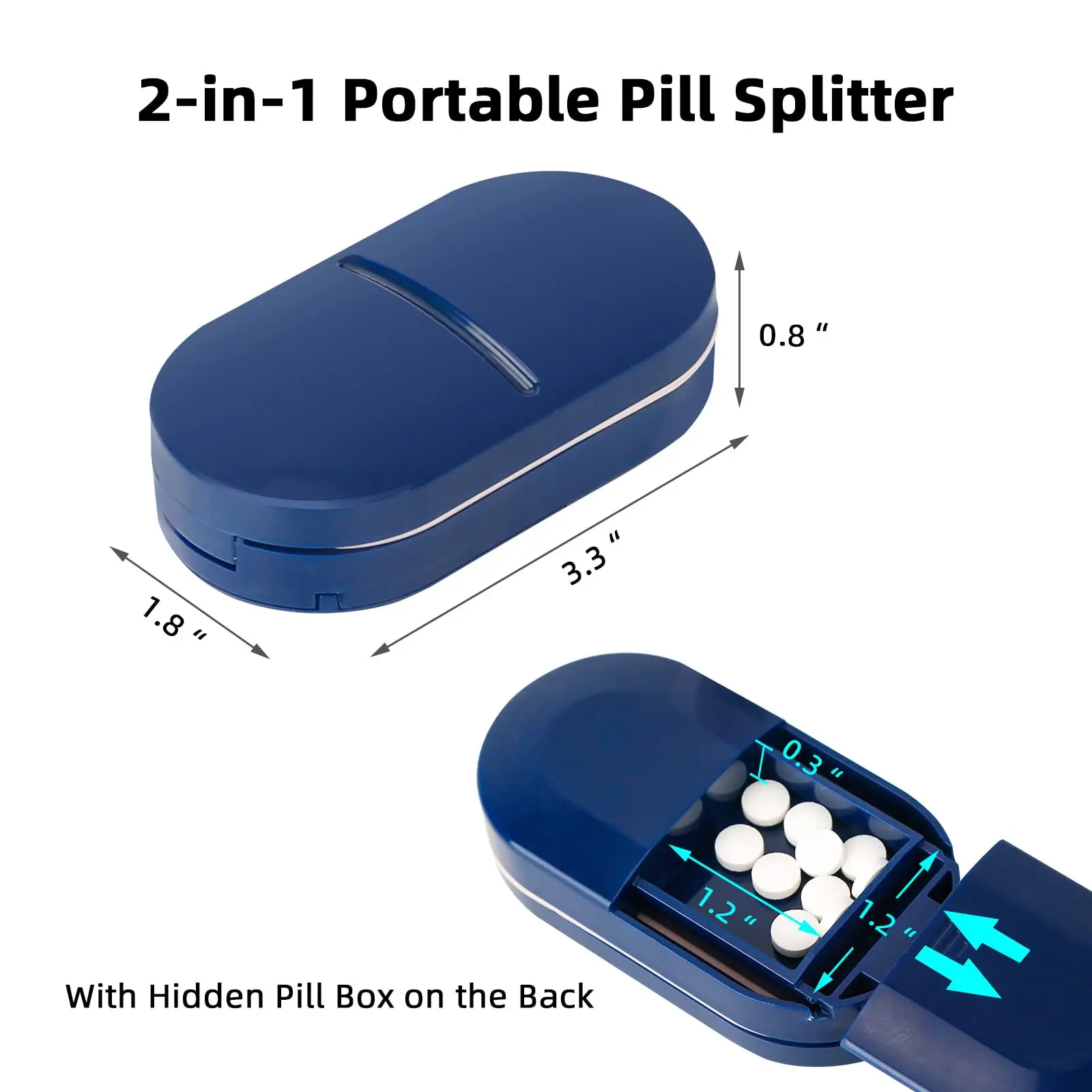 Portable Pill Splitter 2 in1 Pill Case with Stainless Steel Blade Dustproof Pill Cutter for Small Large Tablets Pill Organizer