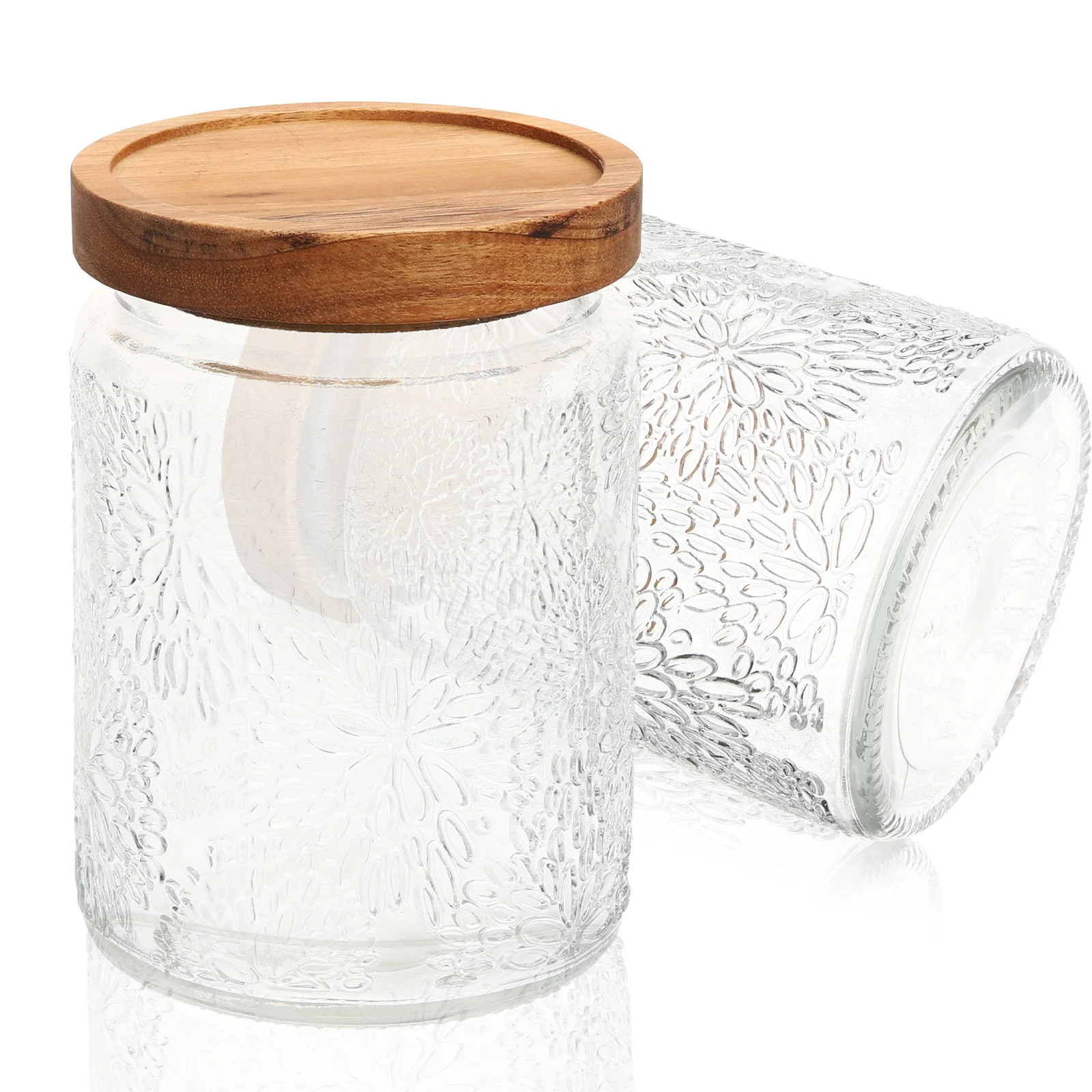 

2Pcs Embossed Candy Glass Storage Jars Wood Lid Airtight Kitchen Food Containers Storage Jars for Nuts Grains Rice Beans