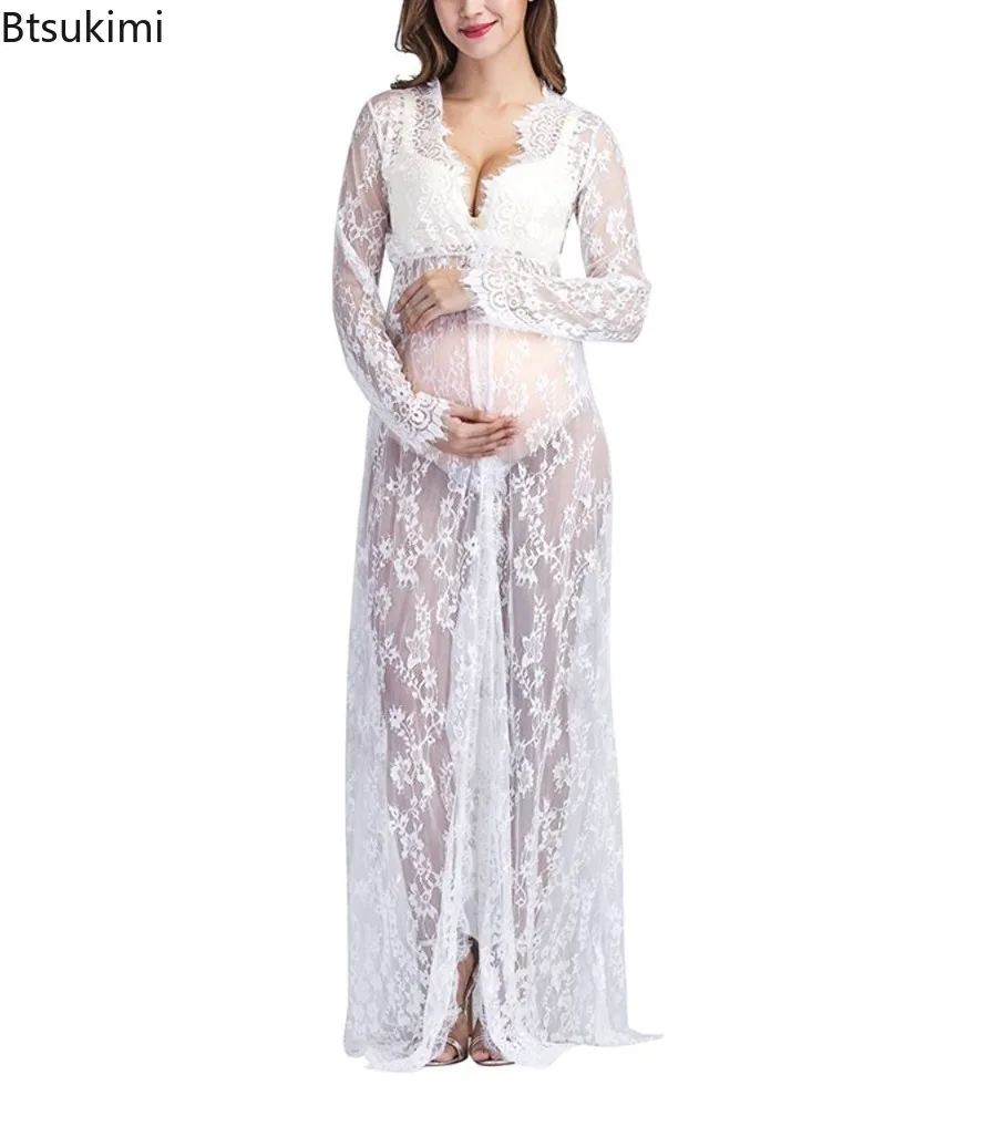 V Neck Clothes for Pregnant Women Maternity Solid Color Lace Cardigan Long Dress Gown for Pregnant Shooting Photo Session Props