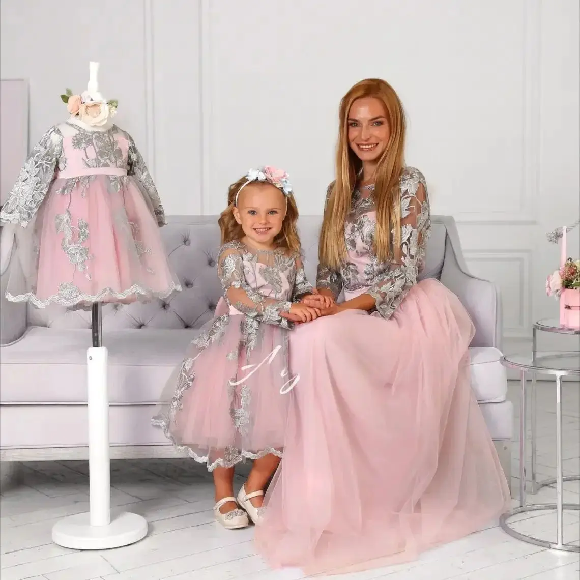 Pink Exclusive Mommy and Me Party Dresses with Silvery Applique Lace 2026 Mother and Daughter Matching Dress for Photoshoot