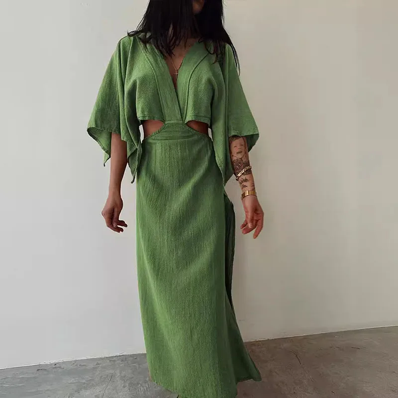 2024 Chic Short Sleeve Solid Slit Dresses Fashion Women Cotton Linen Long Dress Sexy Elegant V-neck Waist Hollow Party Dress