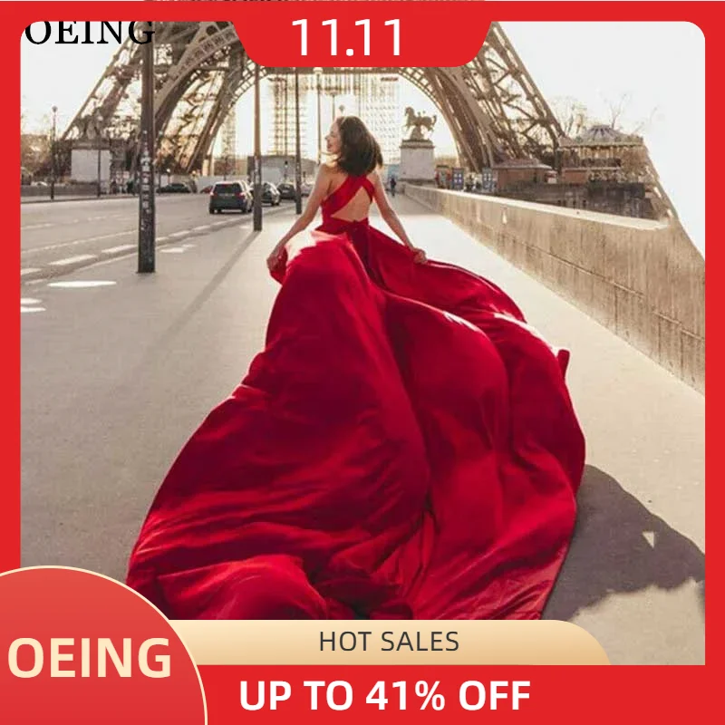 

OEING Red A-Line Prom Dress Elegant V Neck Celebrity Evening Dresses Wedding Party Gown Long Train Vestidos De Fiesta Customized