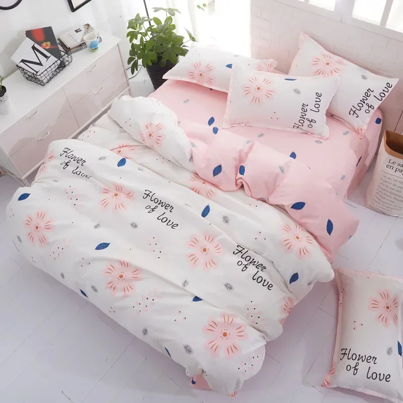 Flower Comforter Bedding Set Simple Pink Bed Linens Bed Linings Queen Duvet Cover Bed Sheet And Pillowcase King Size For Girls