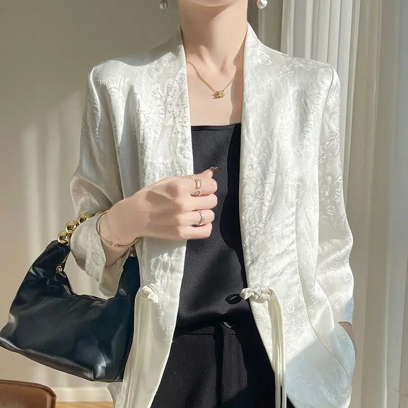 Echte Kast Intrekking Label Moerbei Zijden Pak Zevenkwart Mouw Nieuwe One-knop Temperament Jacquard Zijden Jasje WF