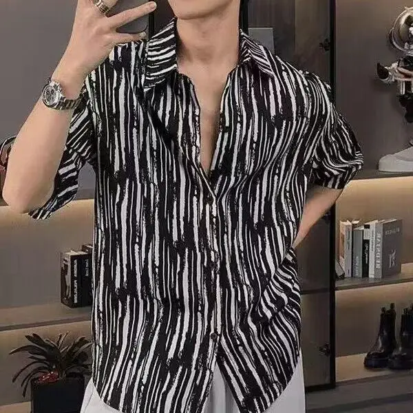 

Casual Stripe Thin Loose Collar Short Sleeve Shirt Men's Summer Breathable Cool Feeling Polyester Fiber Ice Silk Shirt