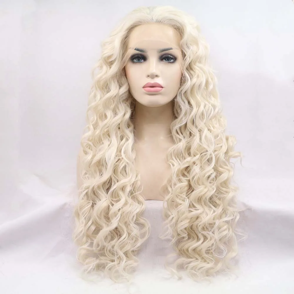 Sylvia 60#color synthetic blonde lace front curly wigs heat resistant fiber hair wigs