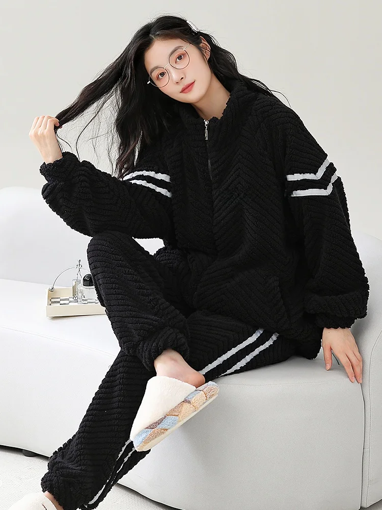 ソフトコーラルフリース寝間着セット女性の厚く暖かいジッパー開閉ホーム服長袖スタンドカラーブラックナイトガウン