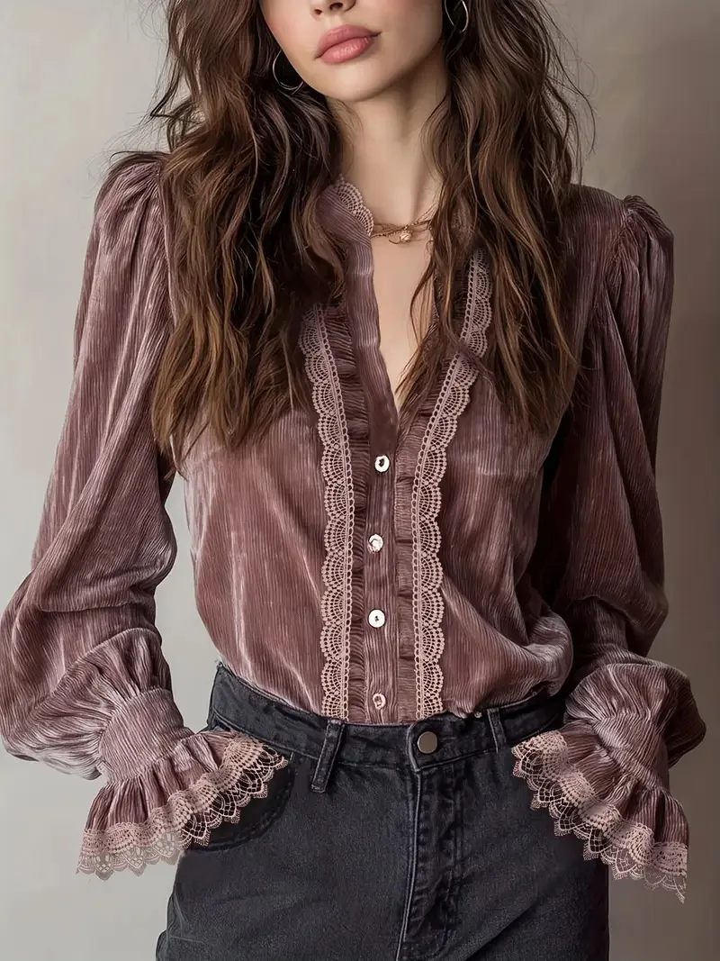 

Women's Velvet Blouse Victorian High Neck Ruffle Lace Puff Sleeve Button Down Top Vintage Party Casual Blouse