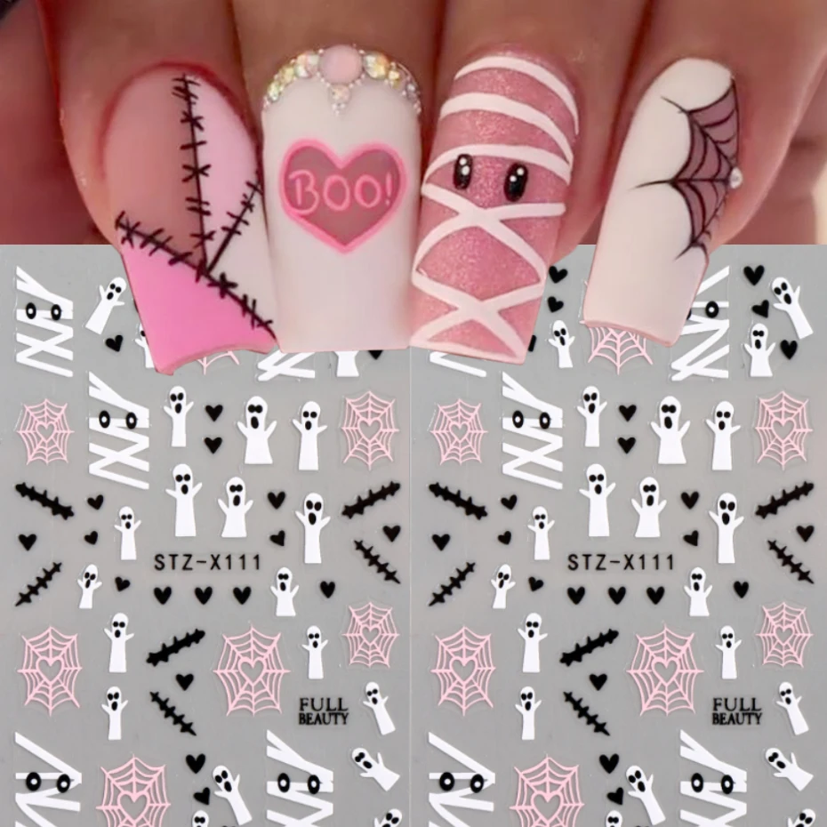2 Stück Halloween-Nagelkunst-Aufkleber mit glänzenden Herznetzen, Herzen, Geistern, weißem Netzdesign, Y2K-Aufkleber für festliche Nagelkunst.