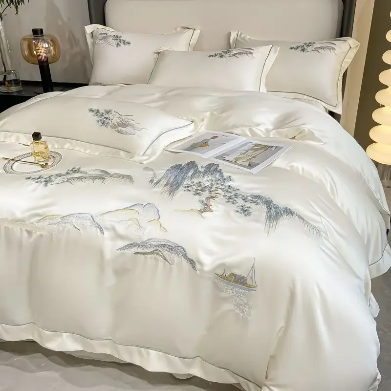 New Arrival Chinese Style Landscape Embroidery Bedding Set Luxury Silky Quilt Cover Duvet Cover Set Soft Bed Sheet Pillowcases