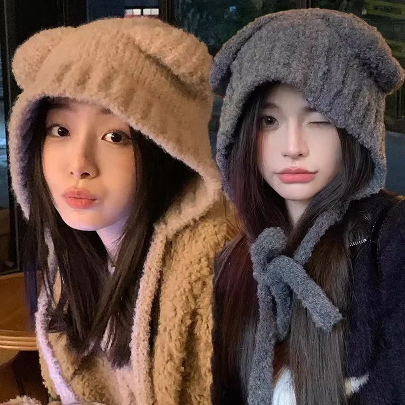 Winter Plush Beanies Cute Bear Ear Wool Hat Warm Lace-up Gor