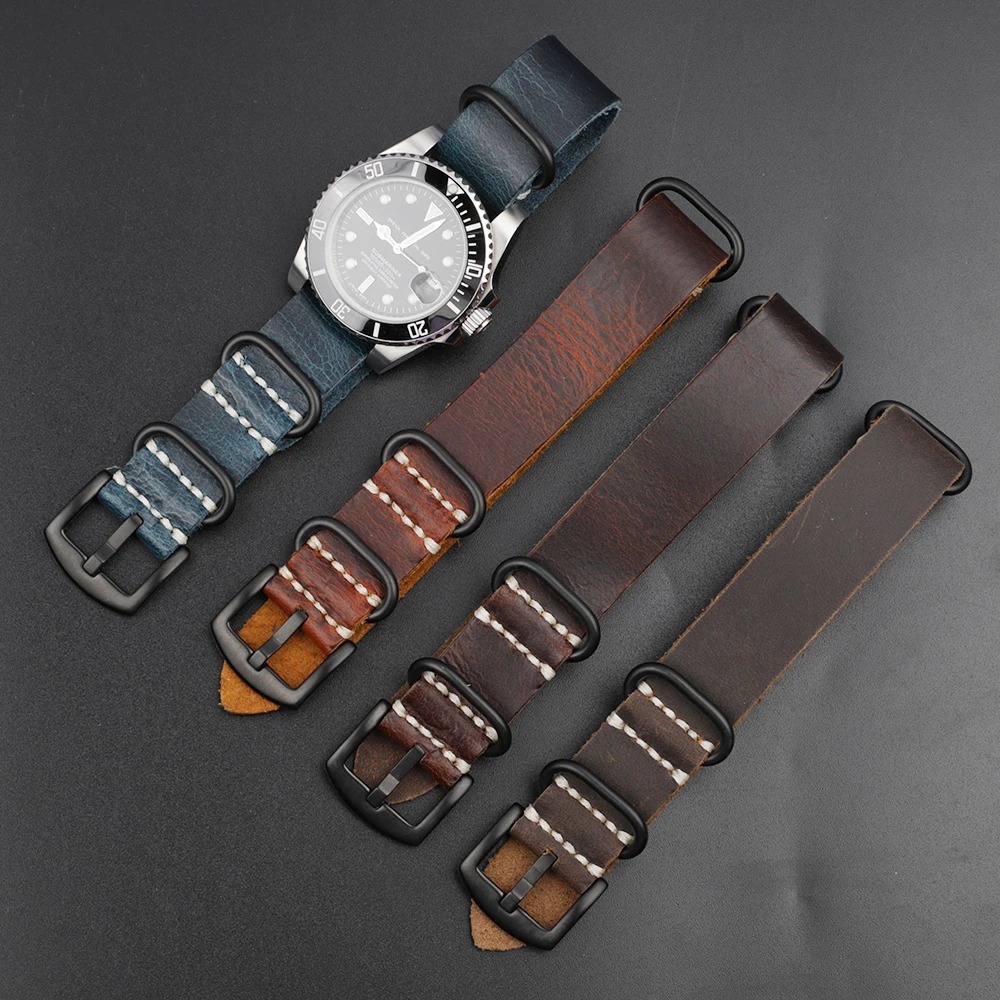 

Top Layer Cowhide Retro Handmade Crazy Horse Leather High Quality Watch Band 20mm 22mm 24mm Blue Brown Green Strap