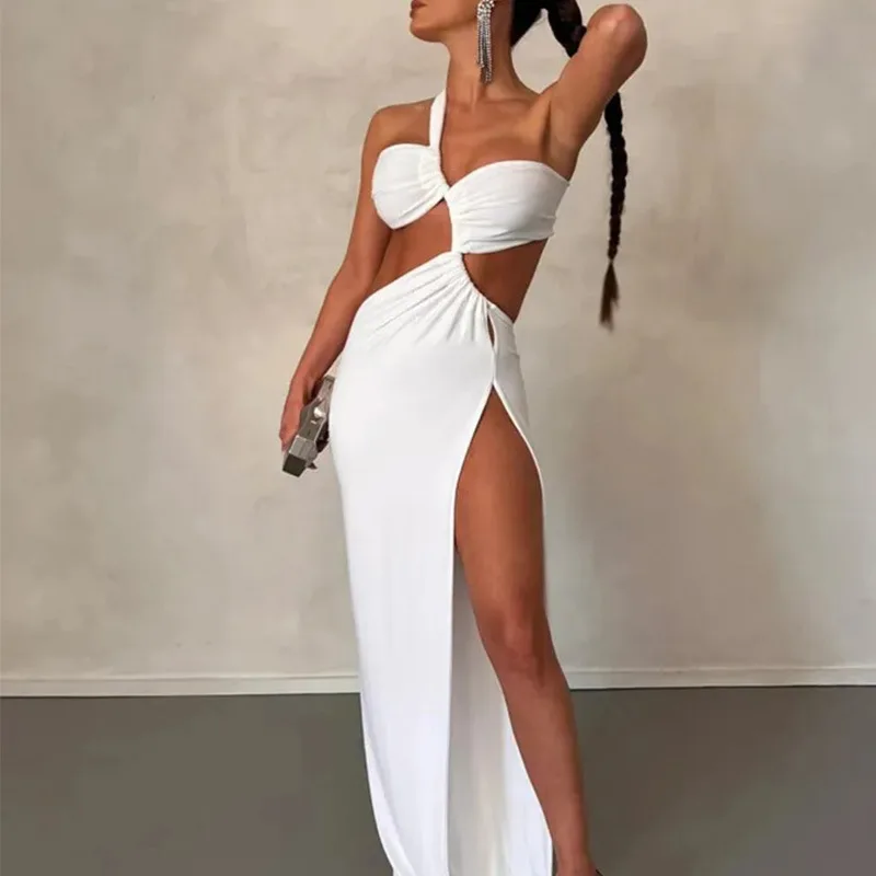 Apprabant Hot Silver Design Vestido Halter Sleeveless Sexy Backless Perspective Fashion Slim Fiting Spliced Wrapped Hip Dress