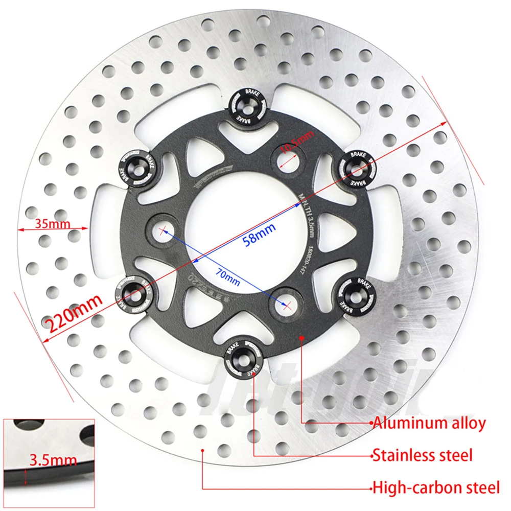 70MM passo 220mm freno a disco moto anteriore posteriore ruota pinza dischi rotore Streetbike Dirtbike Pitbike ATV Bike