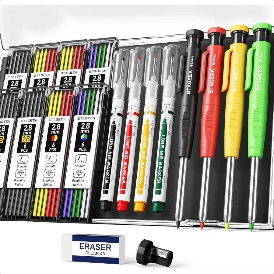 Crayons de charpentier avec taille-crayon, 4 pièces, crayons robustes pour le travail du bois, crayon de charpentier mécanique avec 52 recharges, trou profond Long