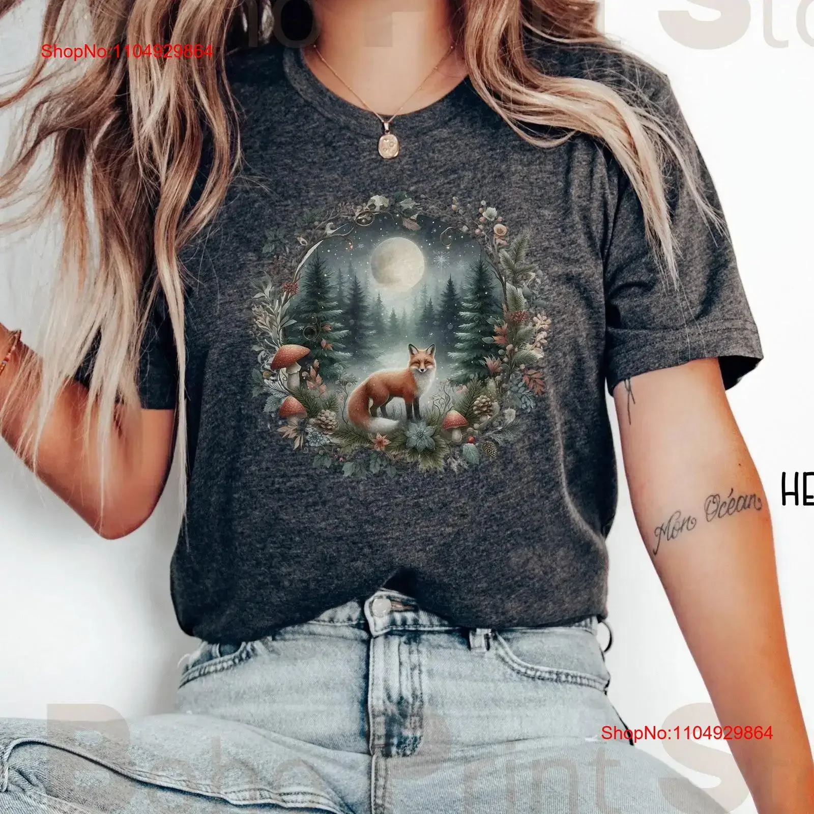 

Зимняя рождественская футболка с акварельной лисой Cottagecore, очаровательная языческая уютная лесная основная причудливая фольклорная футболка для нее, винтажная мужская одежда