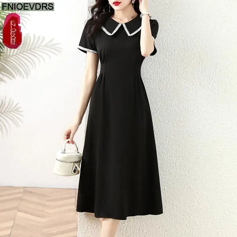 Sommer lässig lockeres Kleid Frauen neue heiße 2024 Französisch europäischen Stil Design Kurzarm schwarz T-Shirt Kleid Vestidos