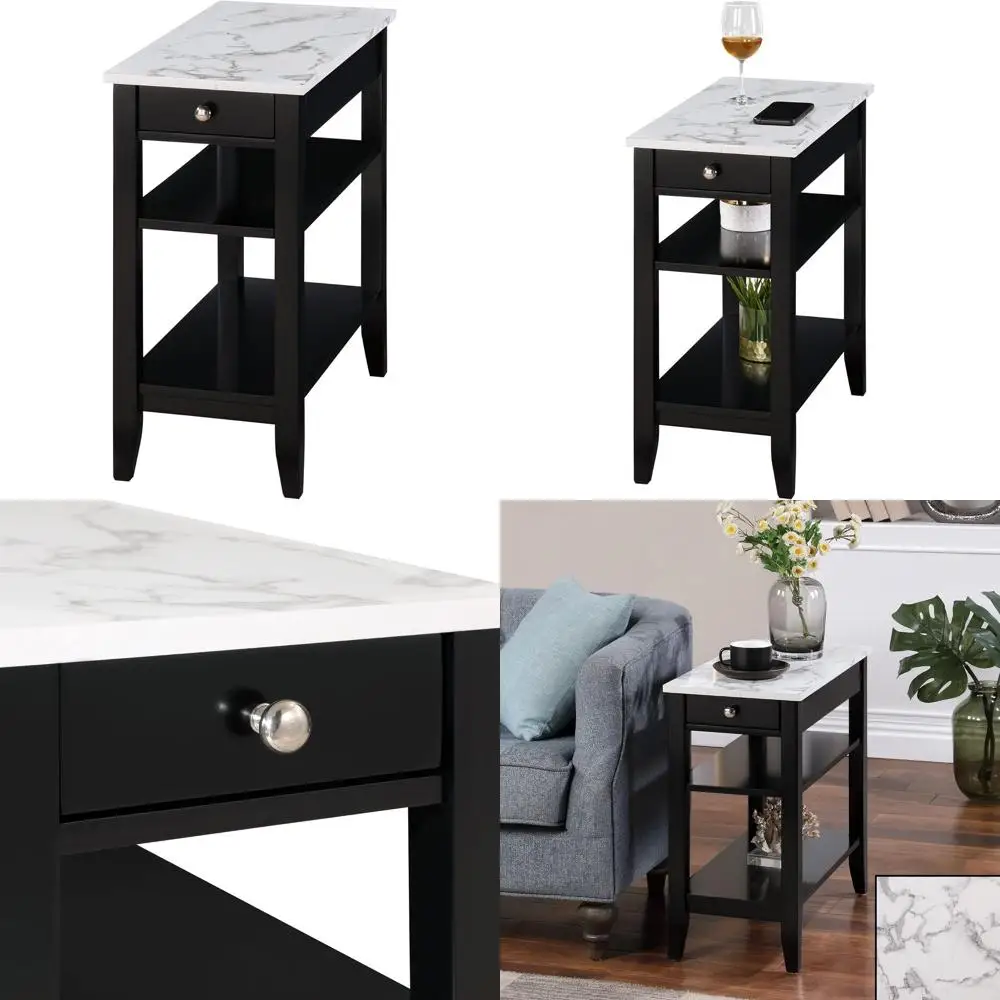 

Classic Living Room Side Table with Drawer & Shelf, White Marble Look/Black, 23.5