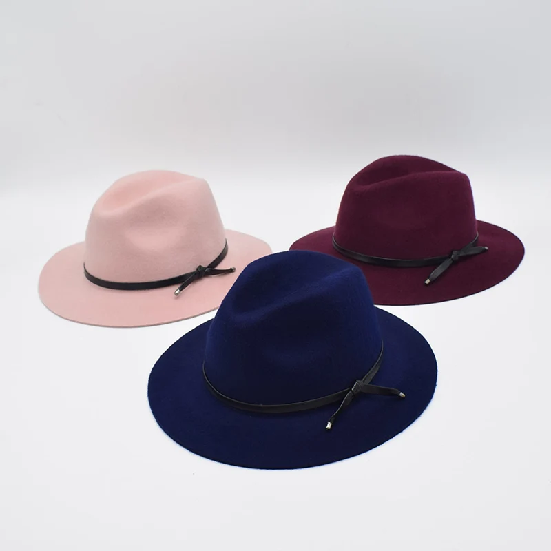 LongBaiLi Winter Fashion Women Leather Band Wool Felt Fedora Hats Wide Brim High Quality PWSX036