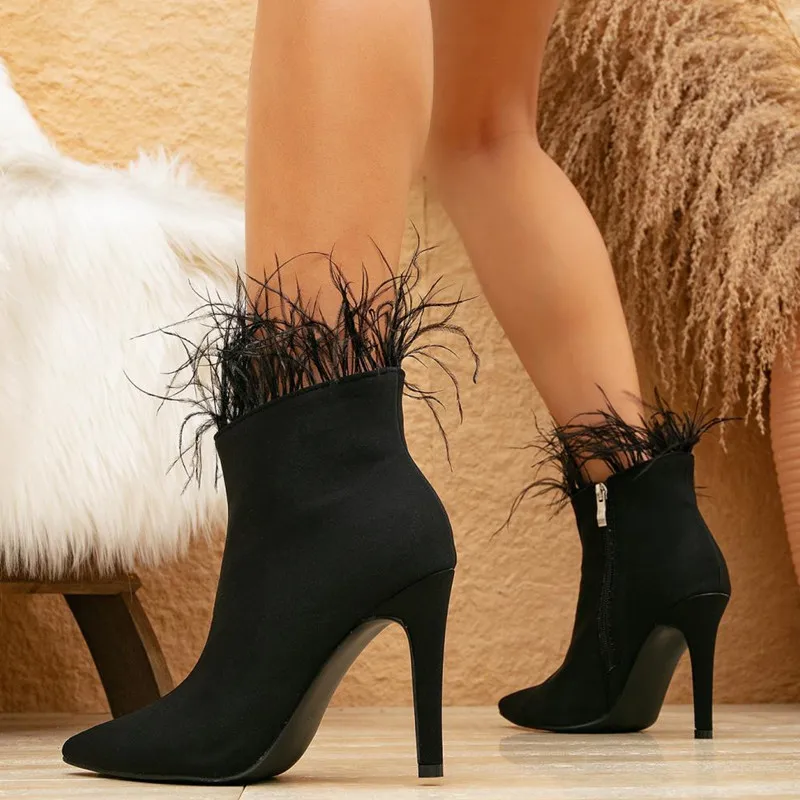 Fashion Faux Fur Lycra Women Anle Boots Elegant Pointed toe Thin High Heels Autumn Winter Chelsea Short Boots Shoes Botas Mujer