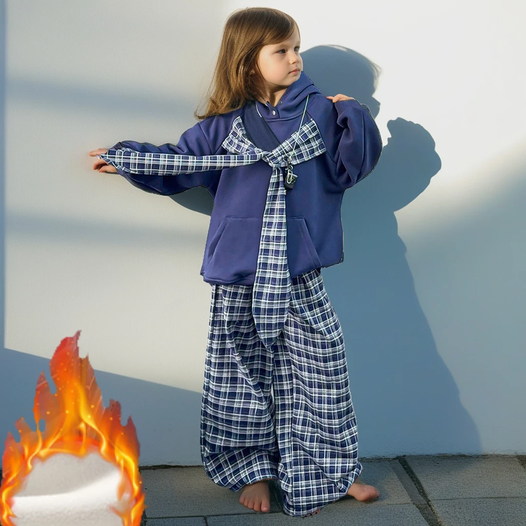 

Girls Fleece-Lined Hoodie Set 2025 Retro Plaid Patchwork Pullover Wide Leg Pants 2-piece Winter Thicken Warm Teen Kids Tracksuit