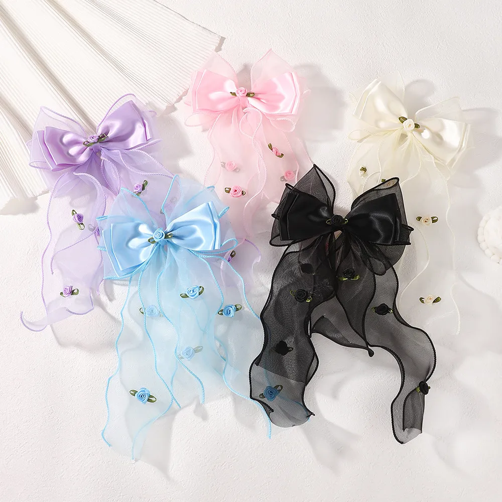 1 Stück Niedliche Blumen-Stickerei Haarspangen für Mädchen, Liebliche Boutique-Schleifen, Pferdeschwanz-Haarklammern, Modische Haaraccessoires für Frauen
