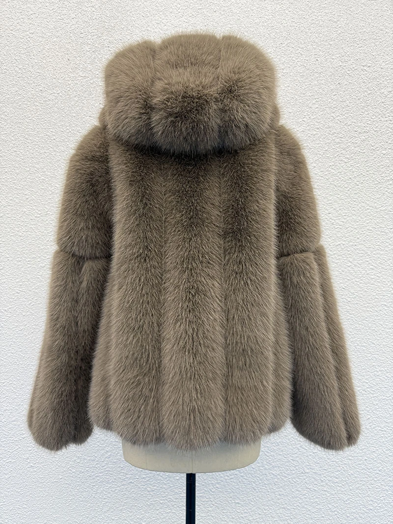 2026 Autumn Winter Women Faux Fur Jacket Hooded Fluffy Long Hair Vertical Seam Mid Length Coat