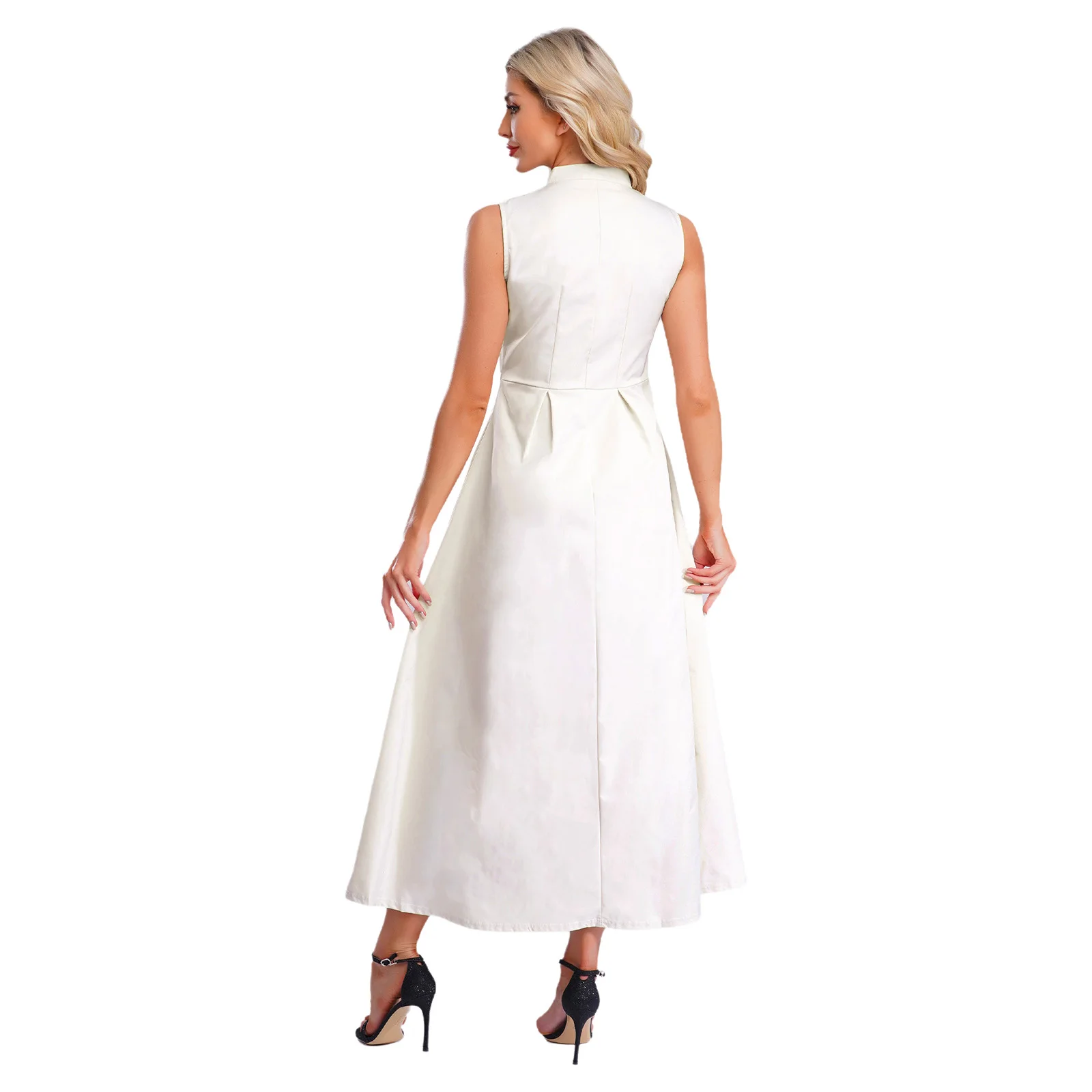 فستان نسائي طويل بسحاب أمامي وظيفي مع رقبة وهمية وجيوب جانبية، تصميم مصقول بدون أكمام للتسوق والارتداء اليومي