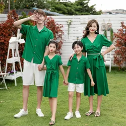 Holiday Look Family Matching Clothes 2024 Summer Fashion Mom and Daughter Matching Green Dresses Dad Son Same Beach Shirts Sets