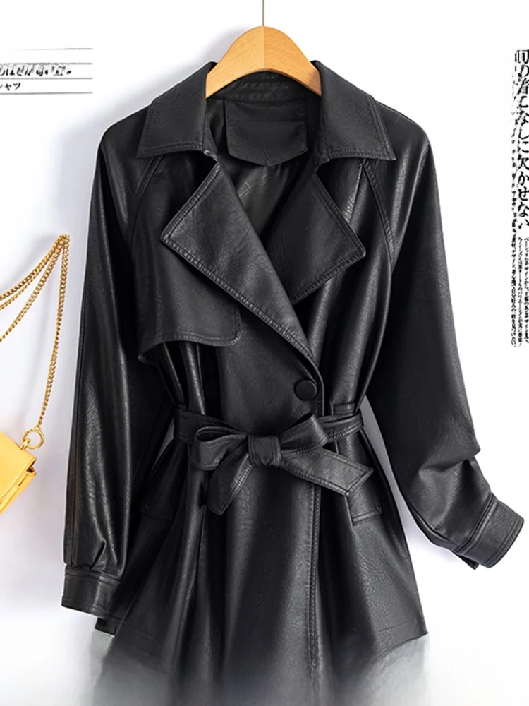 

Женская куртка из натуральной кожи Ning, короткая, весна-осень 2025, новая корейская версия, с поясом, черная, из овчины