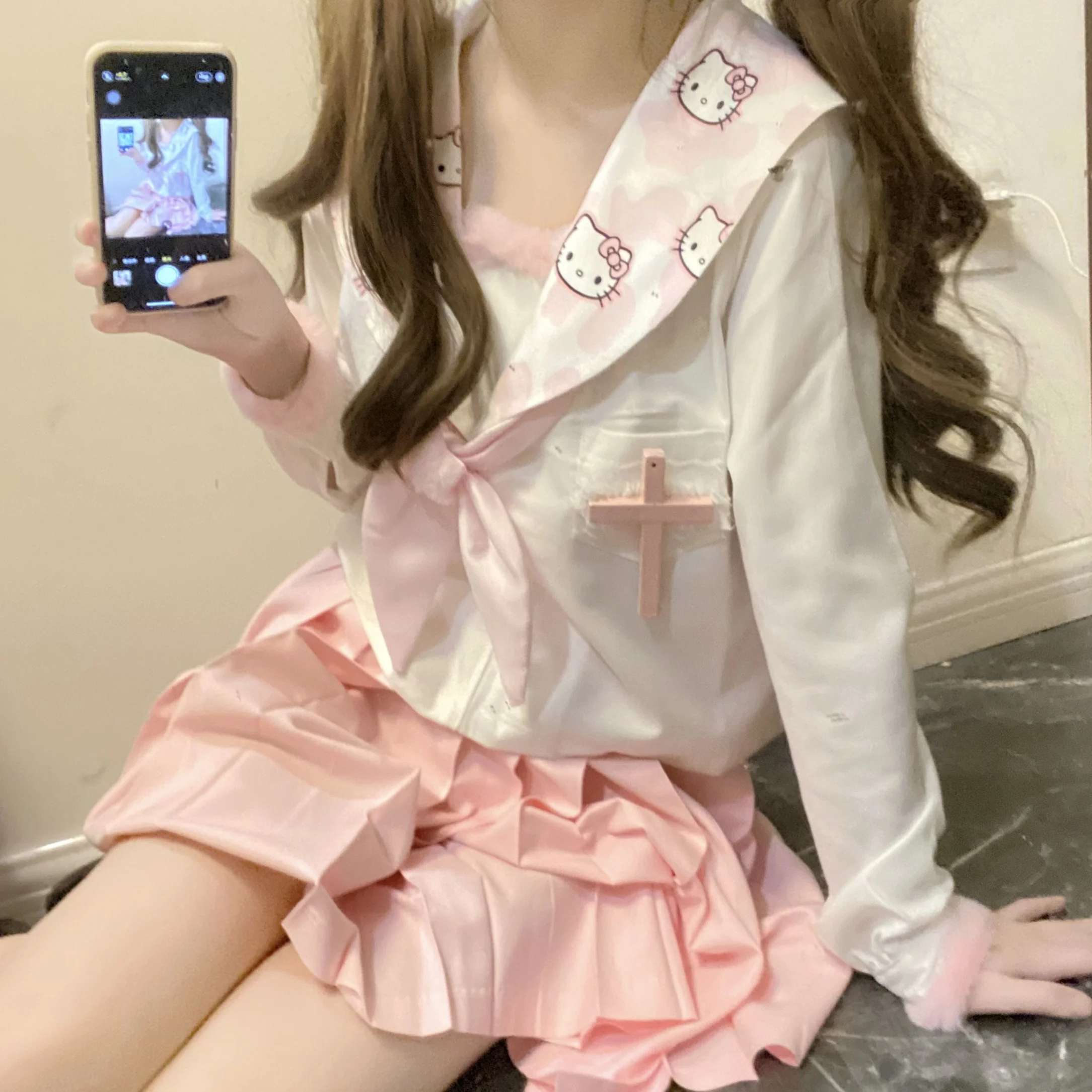 

HelloKitty рубашка с длинными рукавами для девочек, костюм с короткой юбкой, униформа JK, матросский костюм, одежда в стиле Лолиты, подарки на день рождения