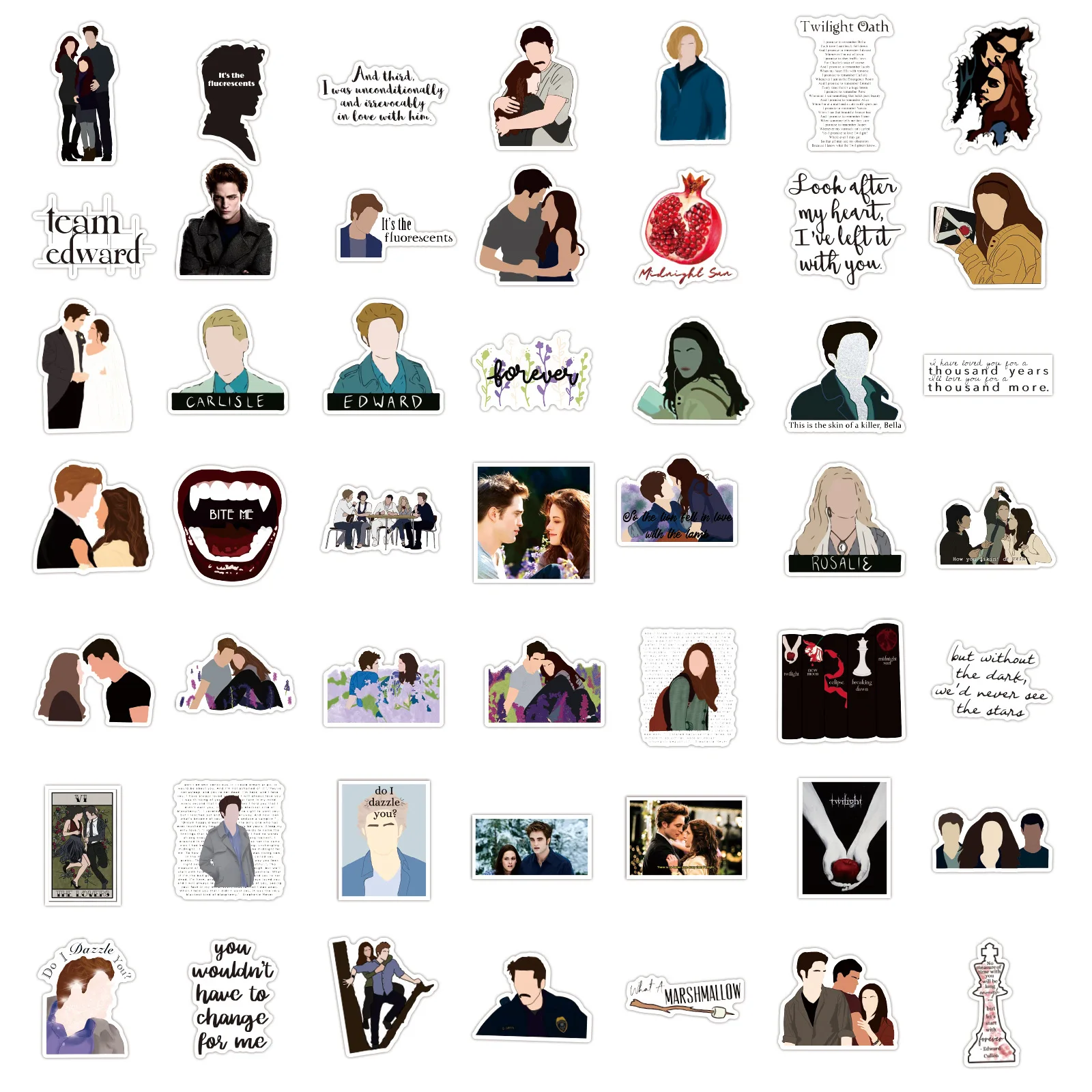 สติกเกอร์ลายการ์ตูนจากภาพยนตร์ Twilight แบบใหม่ 50 ชิ้น สติกเกอร์ตกแต่งลายกราฟฟิตีกันน้ำ สติกเกอร์กราฟฟิตีแบบส่วนตัวสำหรับตกแต่งสมุดภาพ DIY