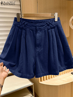 ZANZEA Women Casual High Waist Shorts 2025 Summer Fashion Denim Blue Pleated Wide-Leg Short Trousers Solid Color Streetwear