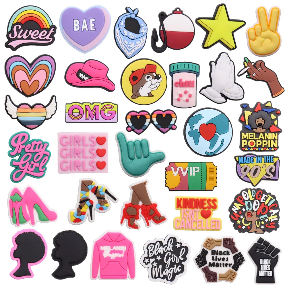 1pcs PVC Sweet Star Heart Hat Chill Girls Melanin Poppin Shoe Charms Accessories Buckle Clog Fit Wristbands Backpack Decorations