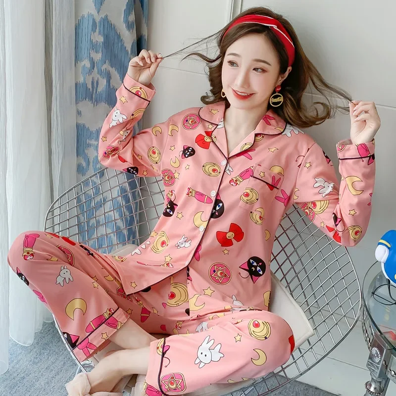 New 2021 Spring Summer Cotton  Piece Pajamas Set Women New Printed Colorful Sleepwear Long Sleeve Pajamas Female Sleep Homewear