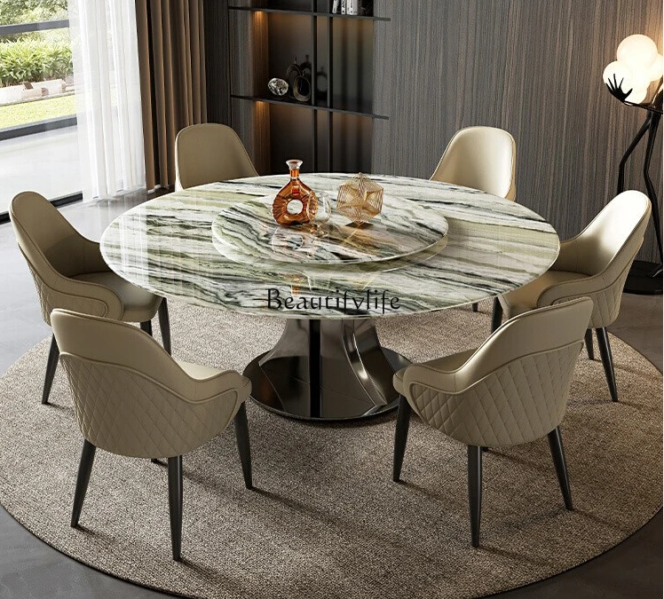 

Natural Cloud Jade Marble Dining-Table round Household Light Luxury High-End Luxury Stone Dining Table and Chair