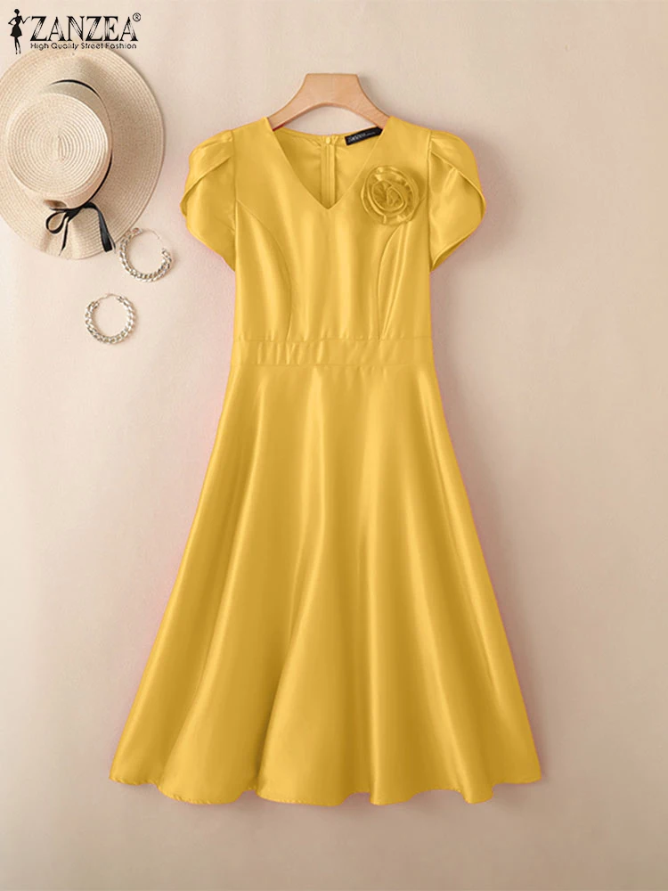 ZANZEA-Vestidos elegantes de flores para mujer, vestido de fiesta elegante con cuello en V, manga de pétalo, vestido veraniego de trabajo de satén liso, corte A, por debajo de la rodilla, 2025