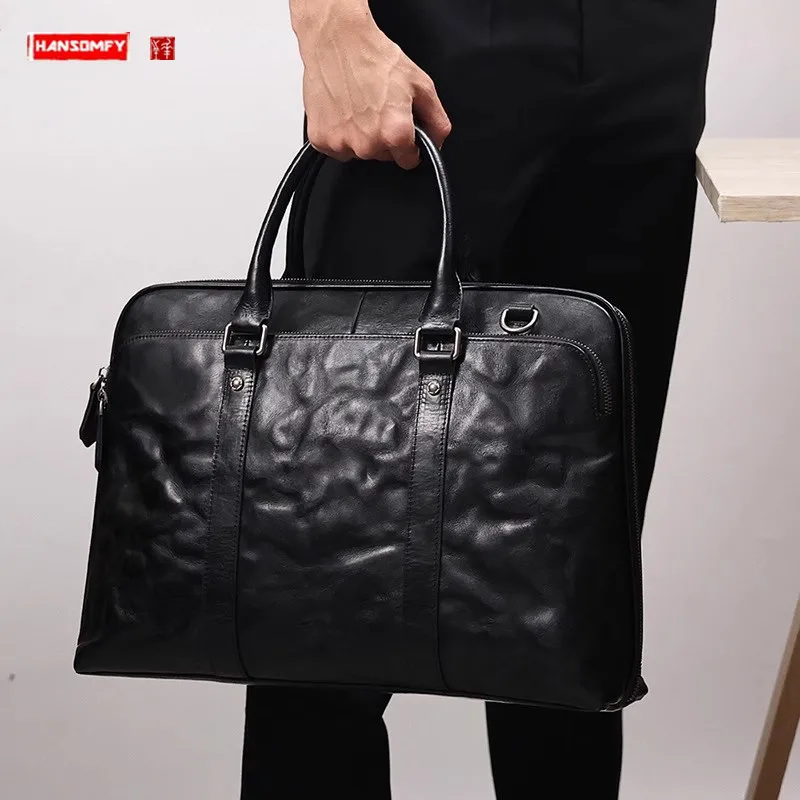 

Genuine Leather Men's Handbags Cowhide Portable Briefcase 14-15.6 Inch Laptop Bag Business Commute Shoulder Crossbody Bags 2024