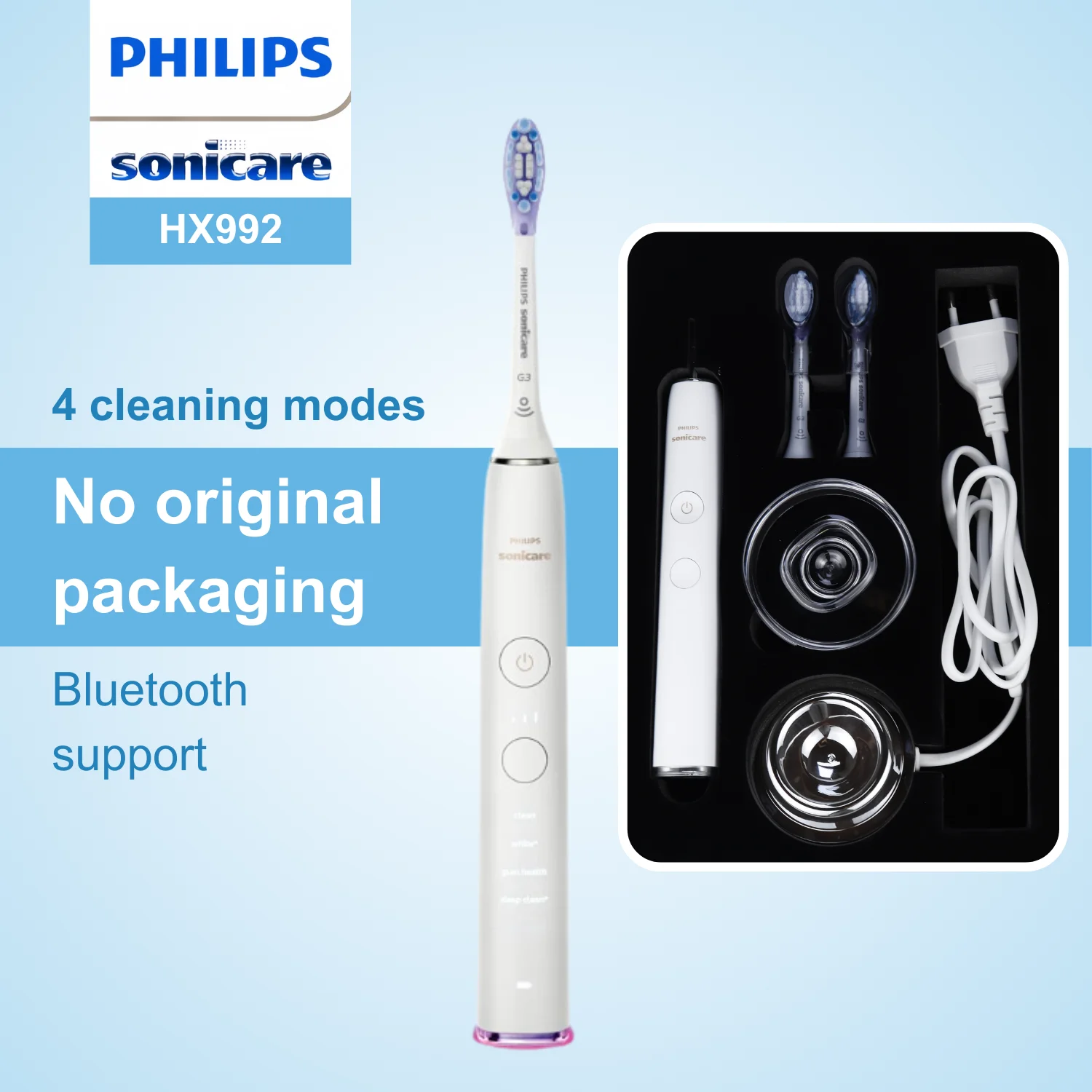 

Philips электрическая зубная щетка sonicare HX992, без оригинальной упаковки, G3 щетка, Bluetooth подключение, 4 режима